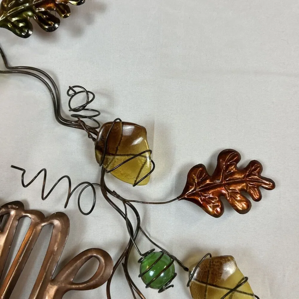 Fall Leaves Welcome Wreath Hanging Metal & Glass Decor Thanksgiving 17x13”